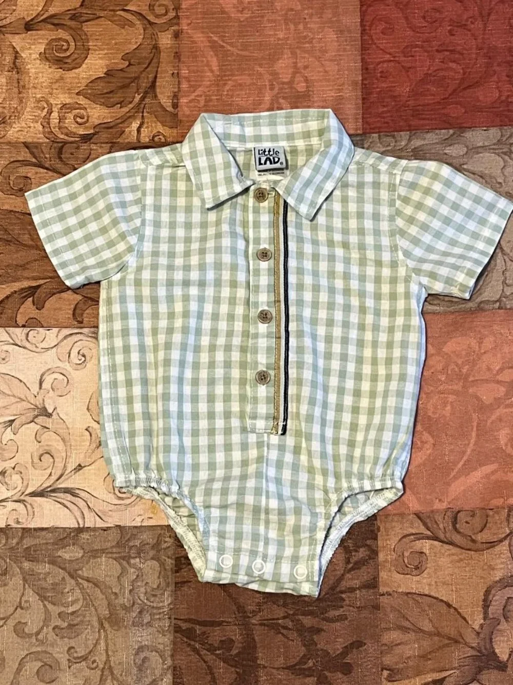 Little Lad Baby Boy Casual Outfit 6/9 Months Tan Shorts Hat Green Gingham Shirt
